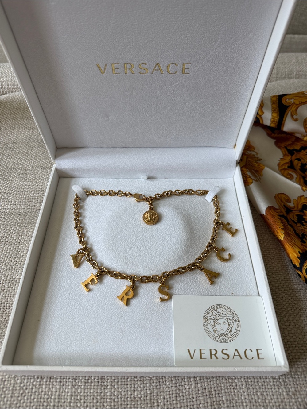 Versace Gold Letter Charm Chain Necklace with Medusa Coin
